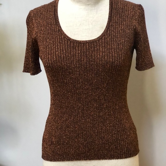 JOSEPH A Metallic Bronze Short Sleeve ribbed sweater Blouse
#w1027 - Picture 1 of 8